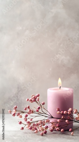 Soft Pink Candle With Delicate Flowers Creating a Serene Atmosphere in a Simp...