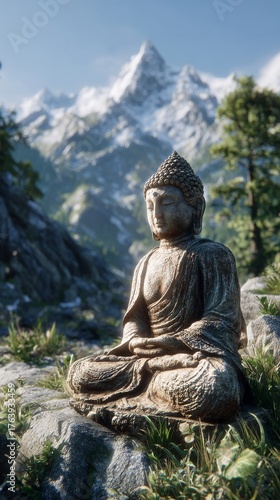 Serene Buddha Statue Surrounded by Mountains and Greenery in Peaceful Landscape
