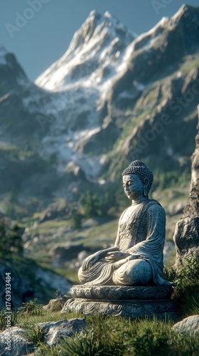 Buddha Statue Sits Peacefully on a Mountain Overlooking a Serene Landscape Wi...