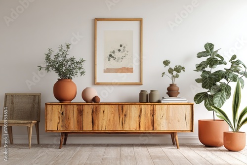 Stylish Living Room With Wooden Furniture and Indoor Plants in Bright, Cozy S...