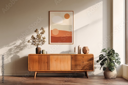 Stylish Living Room With Wooden Furniture and Indoor Plants in Bright, Cozy S...