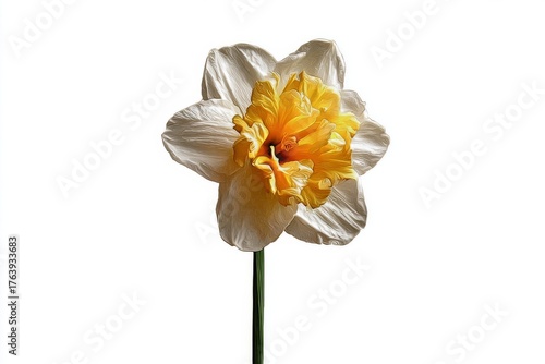 Beautiful White and Yellow Daffodil Flower Standing Tall Against a Clean Back...