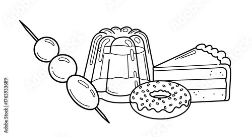 Line art desserts: cake, jelly, donut, and skewers