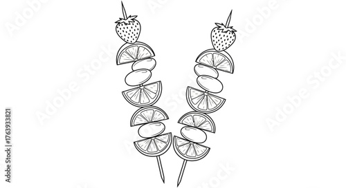 Fruit skewers outline: strawberries, citrus, and grapes in black and white