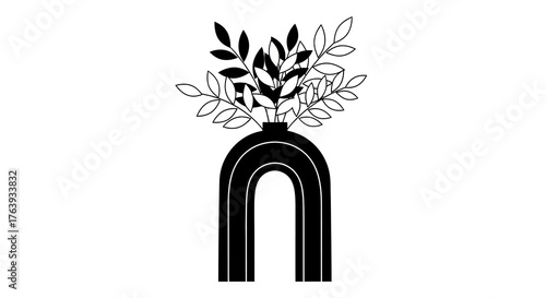 Minimalist black and white vase with leafy plant design