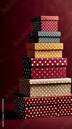 Decorative Gift Boxes Stacked Together in Rich Colors With Golden Bows on a D...