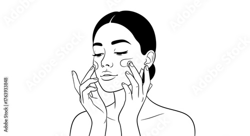 Woman applying face cream skincare routine in minimalist line art style