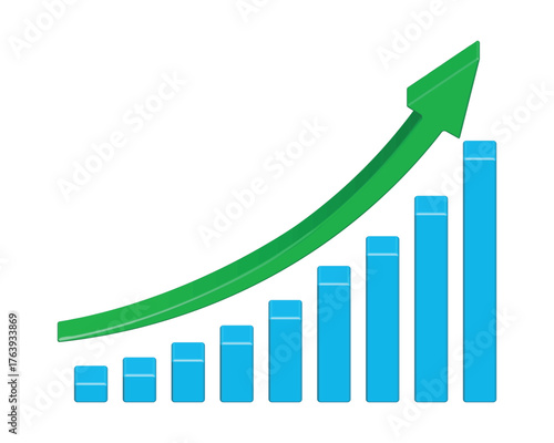 Upward stepping 3D blue arrow. Growth bar with green stairs, step to growth success vector illustration on white. Progress way and forward achievement creative concept. 3D bar graph of green bars.