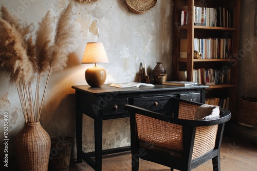 Cozy Reading Corner With a Vintage Desk and Warm Lighting in a Rustic Room
