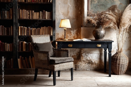 Cozy Reading Corner With a Vintage Desk and Warm Lighting in a Rustic Room