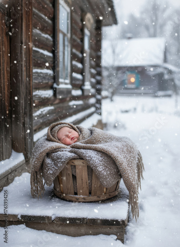 Foundling baby wrapped in blanket, lying in basket