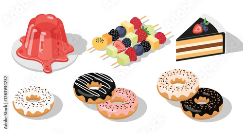 Delicious desserts and sweets in isometric style with cake, jelly, and donuts