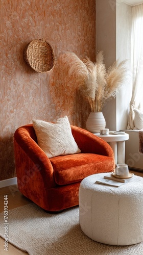 Cozy Living Room With Orange Chair and Decorative Elements in Natural Light S...