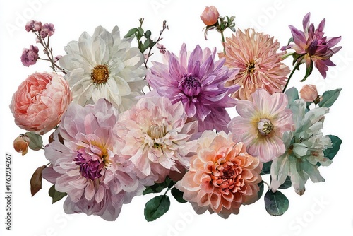 Colorful Floral Arrangement Showcasing Dahlias and Other Blooms on a Light Ba...