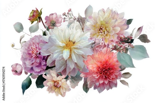 Colorful Floral Arrangement Showcasing Dahlias and Other Blooms on a Light Ba...