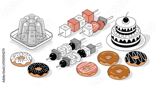 Assorted isometric desserts including jelly, cake, and donuts on white background