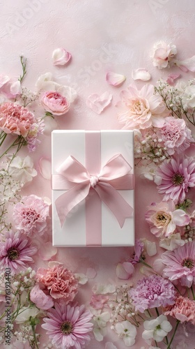 Beautiful Gift Box Surrounded by Fresh Pink Flowers During Spring Celebration