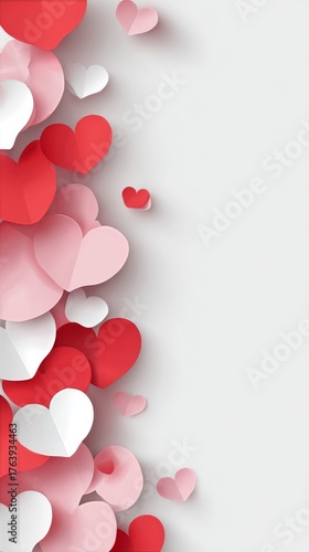 Colorful Paper Hearts Scattered on a Light Background for Decoration or Celeb...