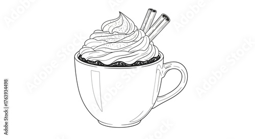 Coffee cup with whipped cream and cinnamon sticks in linear art style