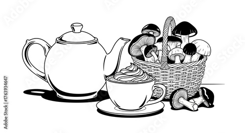 Monochrome tea time with mushrooms - cozy and classic line art