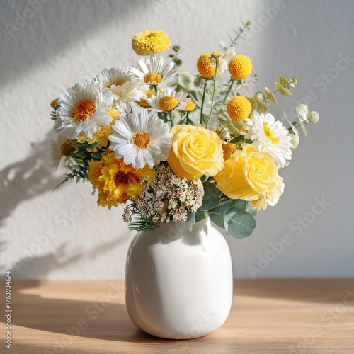 Wallpaper Mural Bright Flower Arrangement With Yellow and White Blooms in a White Vase on a Wooden Table Torontodigital.ca