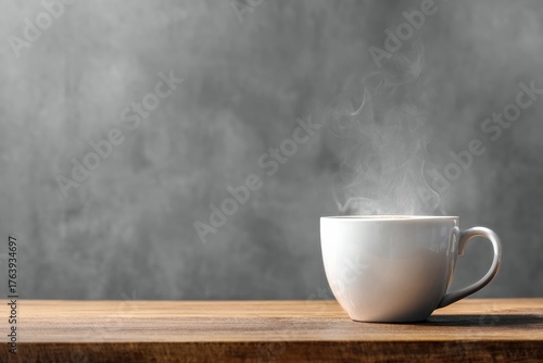 Steaming Hot Coffee Cup on Wooden Table Against Gray Background
