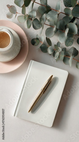 Warm Cup of Coffee Beside a Notebook With a Gold Pen and Eucalyptus Leaves on...