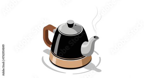 Isometric black teapot with brown handle and steam on white background