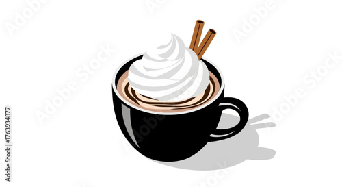 Delicious coffee cup with cream and cinnamon sticks in modern isometric style