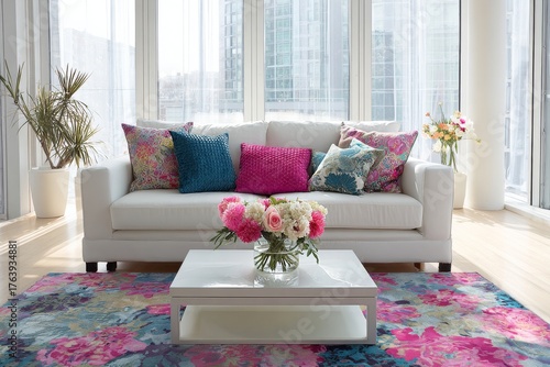 Bright and Colorful Living Room With Floral Decor and Modern Furnishings in a...