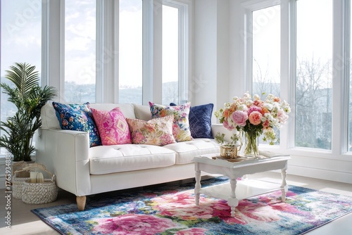 Bright and Colorful Living Room With Floral Decor and Modern Furnishings in a...