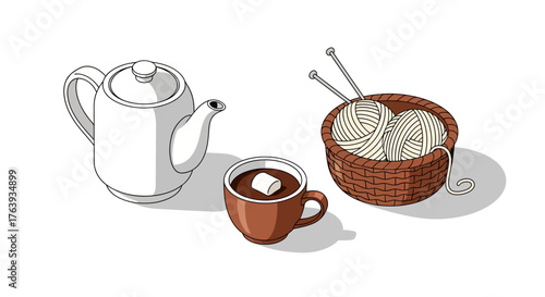 Cozy tea time with knitting set and teapot in isometric style