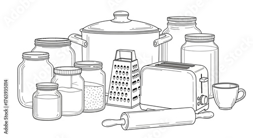 Hand drawn kitchen essentials: cooking tools and jars line art