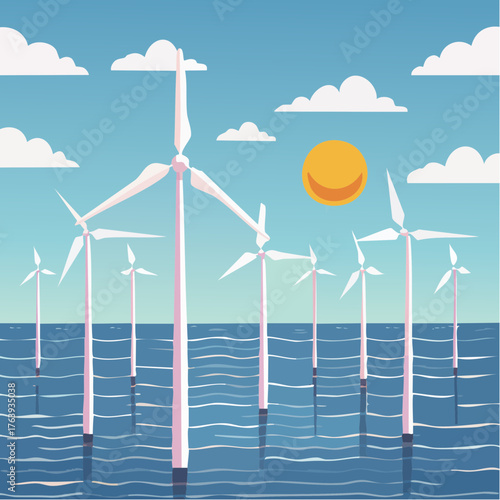 Parc éolien marin, ciel bleu, océan, environnement