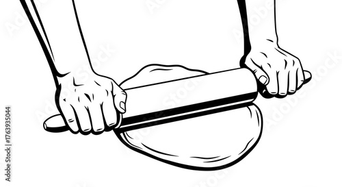 Hand drawing of hands using rolling pin on dough for baking