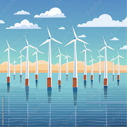 Parc éolien marin, ciel bleu, océan, environnement
