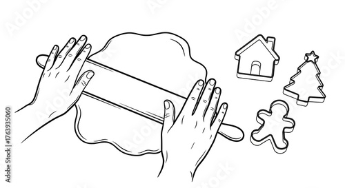 Baking and christmas cookie preparation with rolling pin and cookie cutters