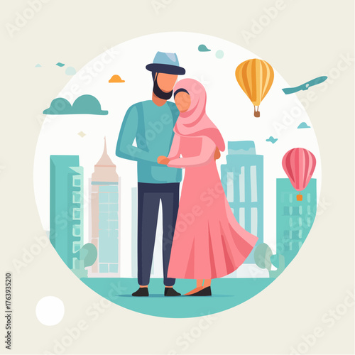 Jolie illustration couple musulman amoureux, enlacés, tendresse, émotion, sentiment, isolé sur fond blanc