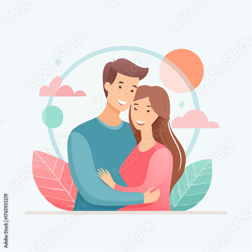 Jolie illustration couple amoureux, enlacés, tendresse, émotion, sentiment, isolé sur fond blanc