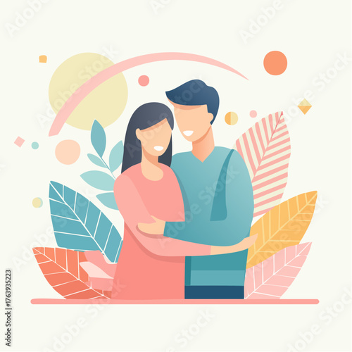 Jolie illustration couple amoureux, enlacés, tendresse, émotion, sentiment, isolé sur fond blanc