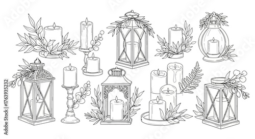 Elegant candle and lantern arrangements with botanical elements in line art style