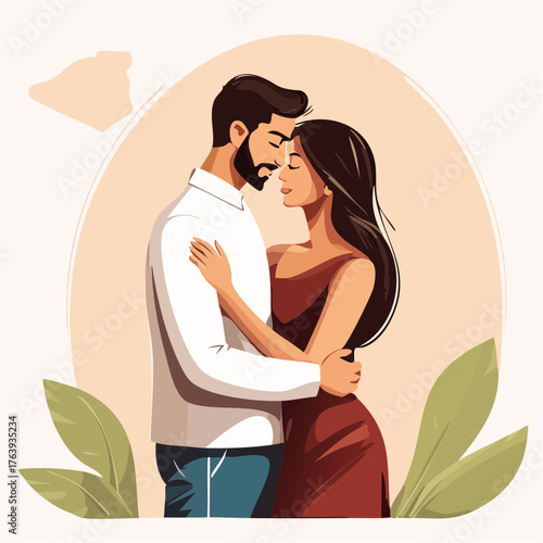 Jolie illustration d'un couple enlacé, tendresse, émotion