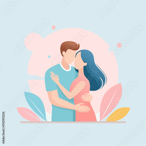 Jolie illustration couple amoureux, enlacés, tendresse, émotion, sentiment, isolé sur fond blanc