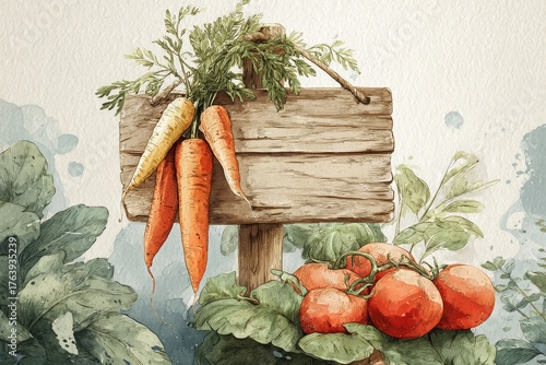 Fresh Vegetables Displayed With a Wooden Sign in a Garden Under Natural Light