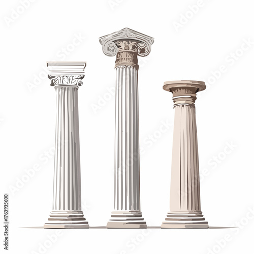 Trois magnifiques colonnes Grecques antiques, isolées sur fond blanc