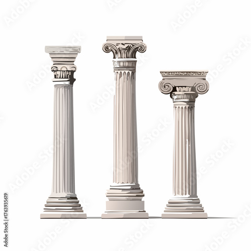 Trois magnifiques colonnes Grecques antiques, isolées sur fond blanc