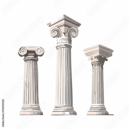 Trois magnifiques colonnes Grecques antiques, isolées sur fond blanc
