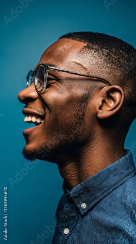 Smiling Man With Glasses Standing Against a Blue Wall in Bright Sunlight