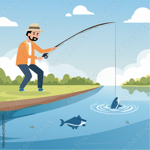 Un homme pêche dans un lac, bonne humeur, souriant, beau temps, nature