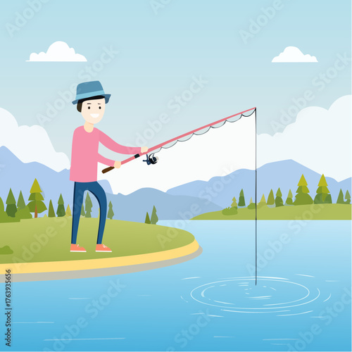 Un homme pêche dans un lac, bonne humeur, souriant, beau temps, nature